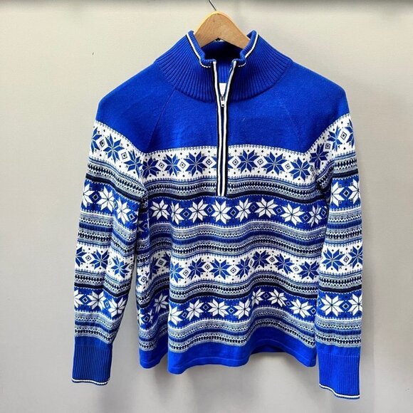 Talbots Blue and White Snowflake 1/4 zip sweater- size Small Petite - Picture 1 of 4